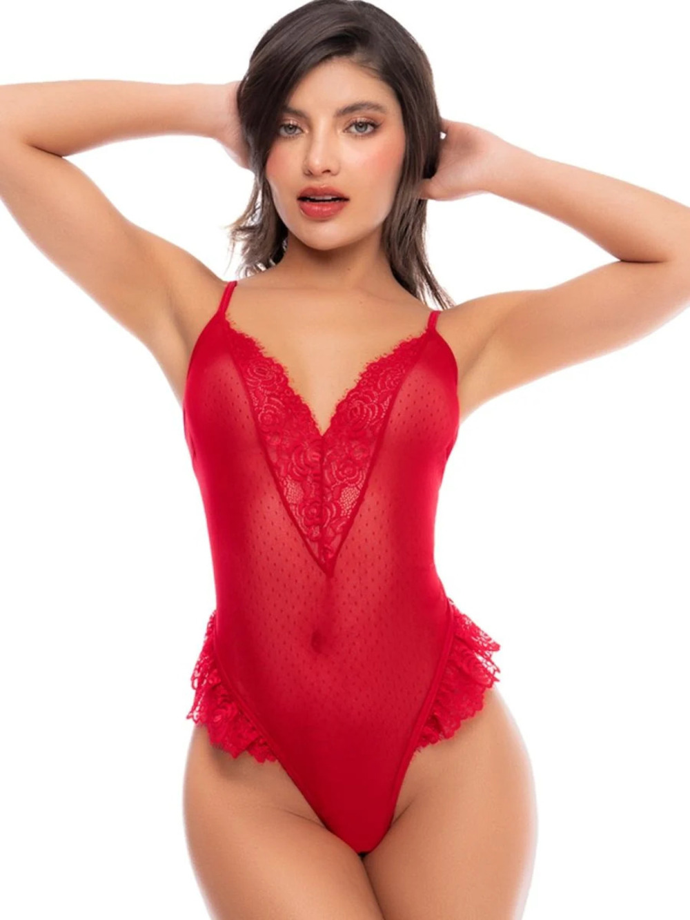 Mapale - 80036 - Swiss Dot Lace Plunge Teddy - Red